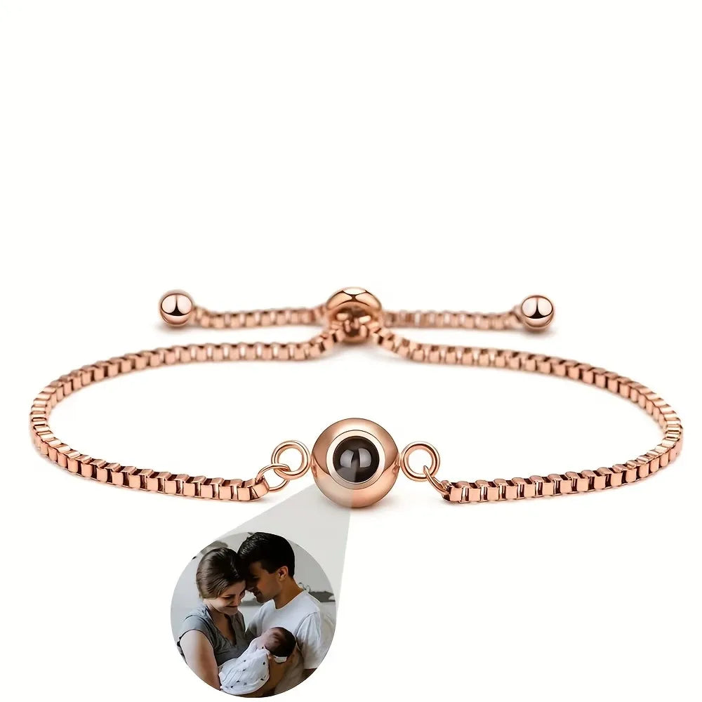Custom Photo Projection Bracelet - Personalized Picture Chain Bracelet, Hidden Image Adjustable Box Chain Charm, Unique Gift