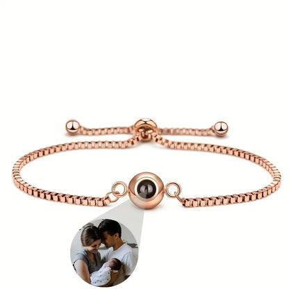Custom Photo Projection Bracelet - Personalized Picture Chain Bracelet, Hidden Image Adjustable Box Chain Charm, Unique Gift