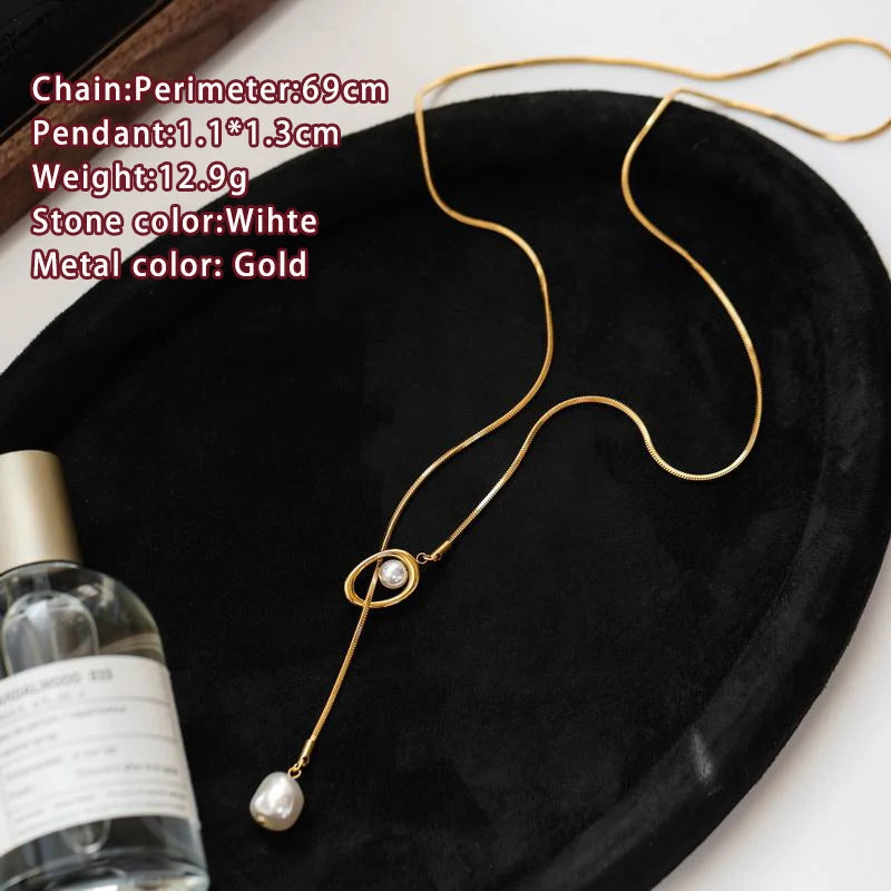 Stainless steel Pull-out Adjustable Chain Baroque Pearl Pendant Long Necklace For Womens Fashion Sweater Chain 2024 New Jewelry