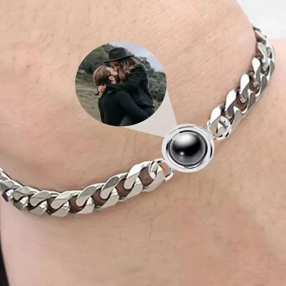 Custom Projection Personality Memorial Birthday Christmas Gift Personalized Circle Photo Bracelet 17+5cm Stainles Cuban Bracelet