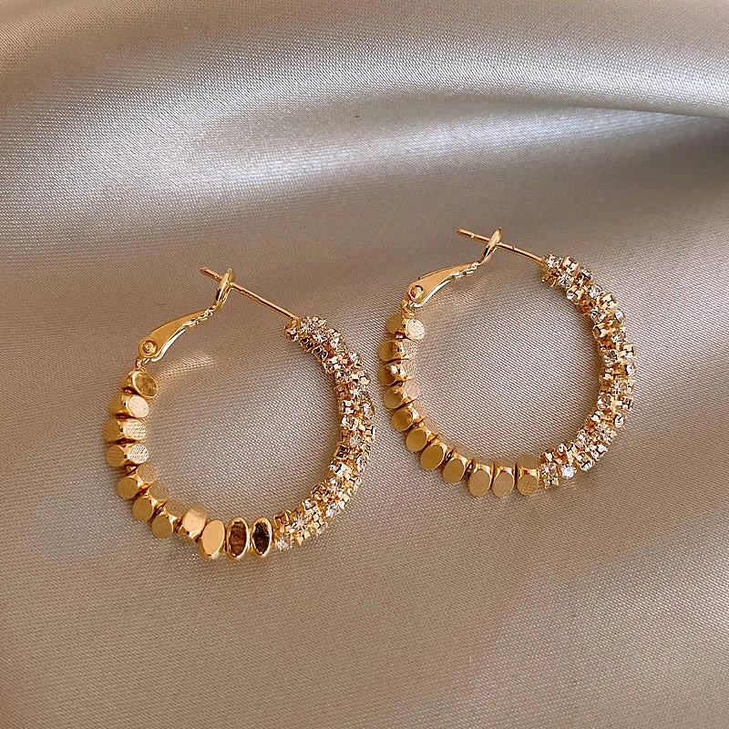 Light Luxury Design Metal Bean Splice Zircon Inlaid Hoop Earrings for 2025 New Fashion Jewelry Women's Exquisite Ear Accessories