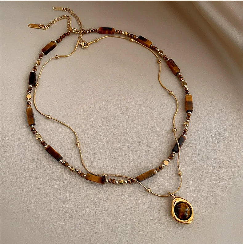 Retro Temperament Layered Tiger Eye Stone Pendant Necklace For Women Stainless steel Double-Layer Collarbone Chain Sets Jewelry