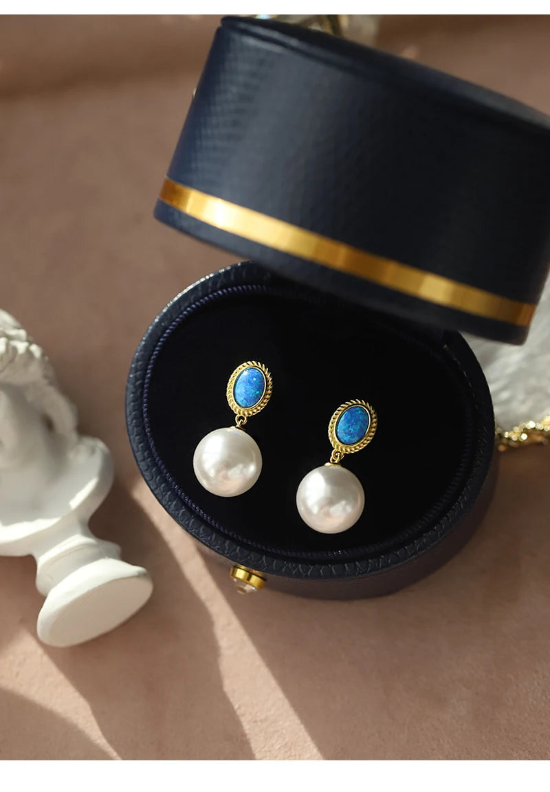 2024 New Design French Elegant Blue Enamel Pearl Pendant Earrings for Women's or Gilr‘s Fashion Jewelry Party Luxury Accessories