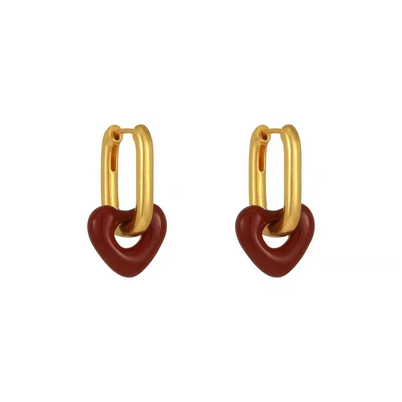French Retro Romantic Wine Red Heart Pendant Earrings For Women Wedding Party Girls Fashion Jewelry Christmas Gift Accessories