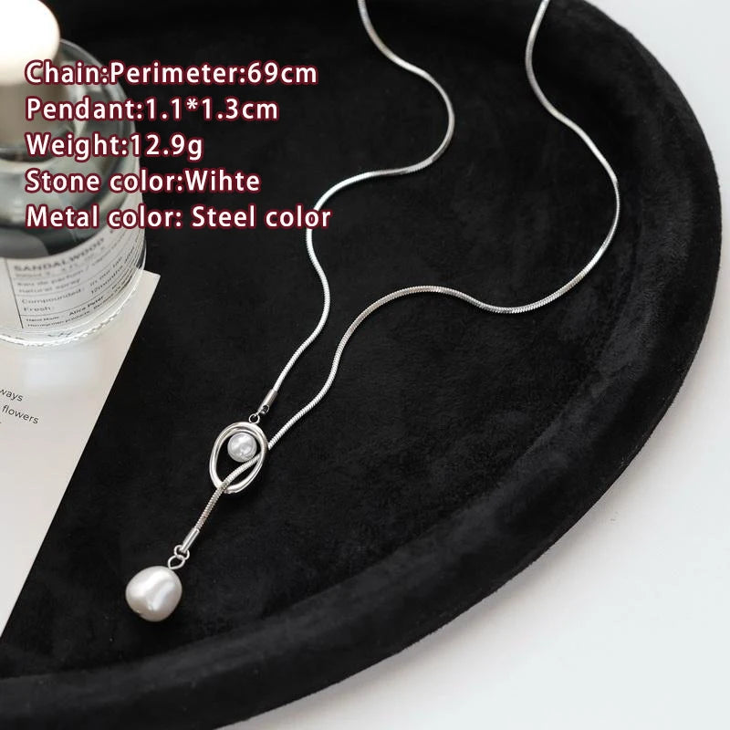 Stainless steel Pull-out Adjustable Chain Baroque Pearl Pendant Long Necklace For Womens Fashion Sweater Chain 2024 New Jewelry