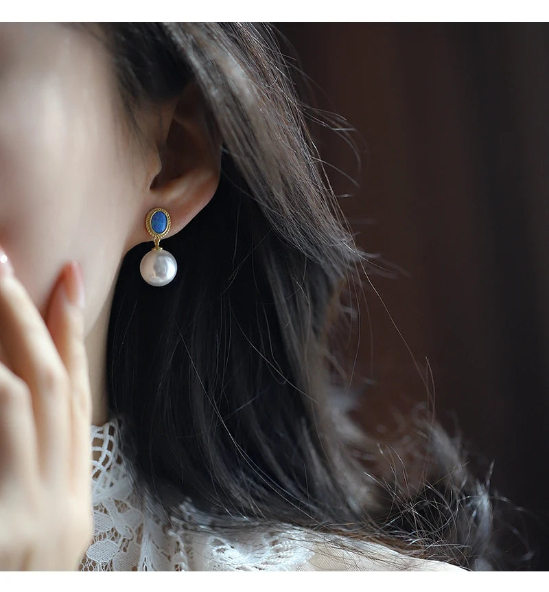 2024 New Design French Elegant Blue Enamel Pearl Pendant Earrings for Women's or Gilr‘s Fashion Jewelry Party Luxury Accessories