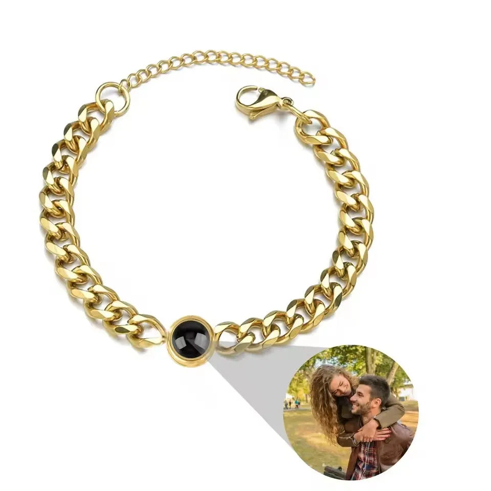 Custom Projection Personality Memorial Birthday Christmas Gift Personalized Circle Photo Bracelet 17+5cm Stainles Cuban Bracelet