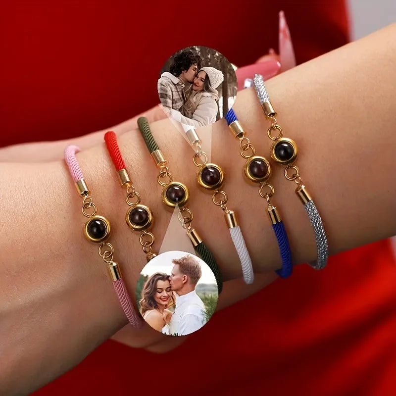 Custom Photo Bracelet Stainless Steel Round Pendant Personalized Projection Wowen Rope Bracelet Unisex Custom Memorial Jewelry
