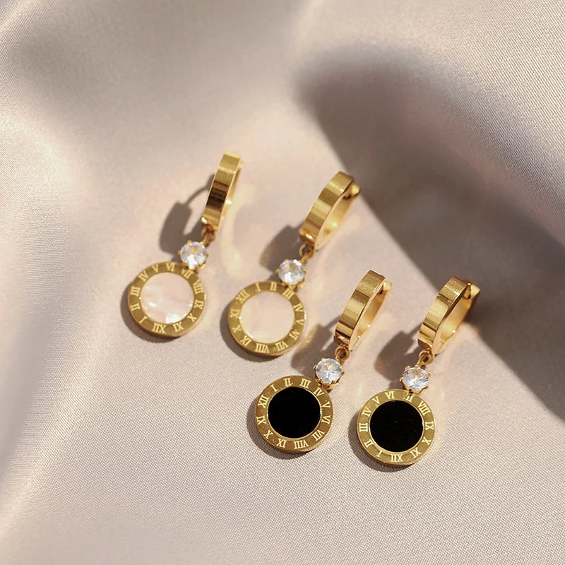 2025 Classic Stainless steel Roman Digital Round Pendant Earrings Korean Fashion Jewelry For Women's Temperament Accessories