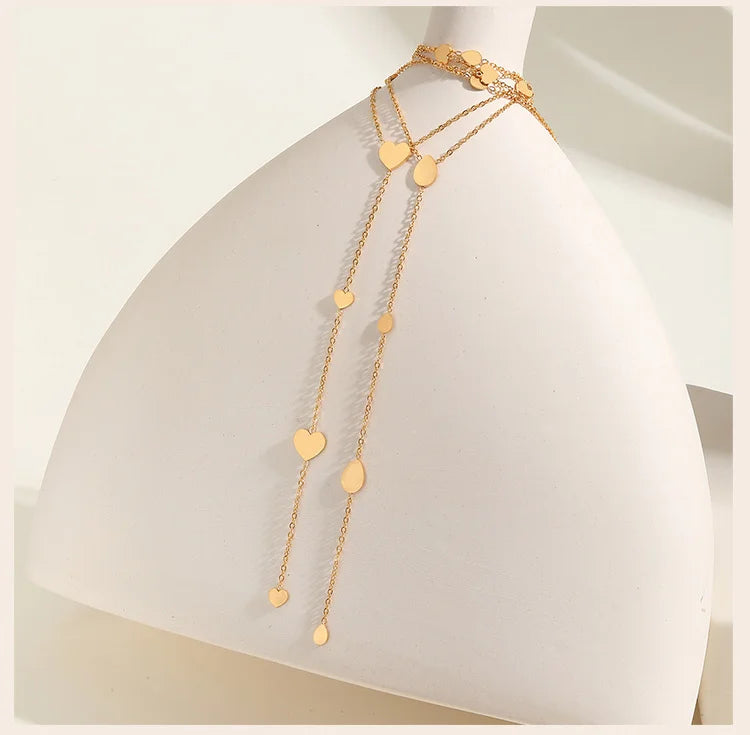 Heart Drop Lariat Chain Necklace For Women, Y Shape Long Chain Stainlss Steel 18K Gold Color  Layered Jewelry