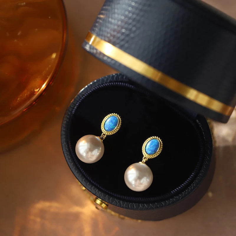 2024 New Design French Elegant Blue Enamel Pearl Pendant Earrings for Women's or Gilr‘s Fashion Jewelry Party Luxury Accessories