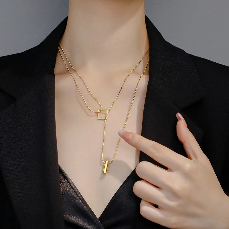 Stainless steel Gold Color Overlay Double-Layer Necklace 2025 New Women's Fashion Jewelry Party Girls' Fadeless Accessories Gift