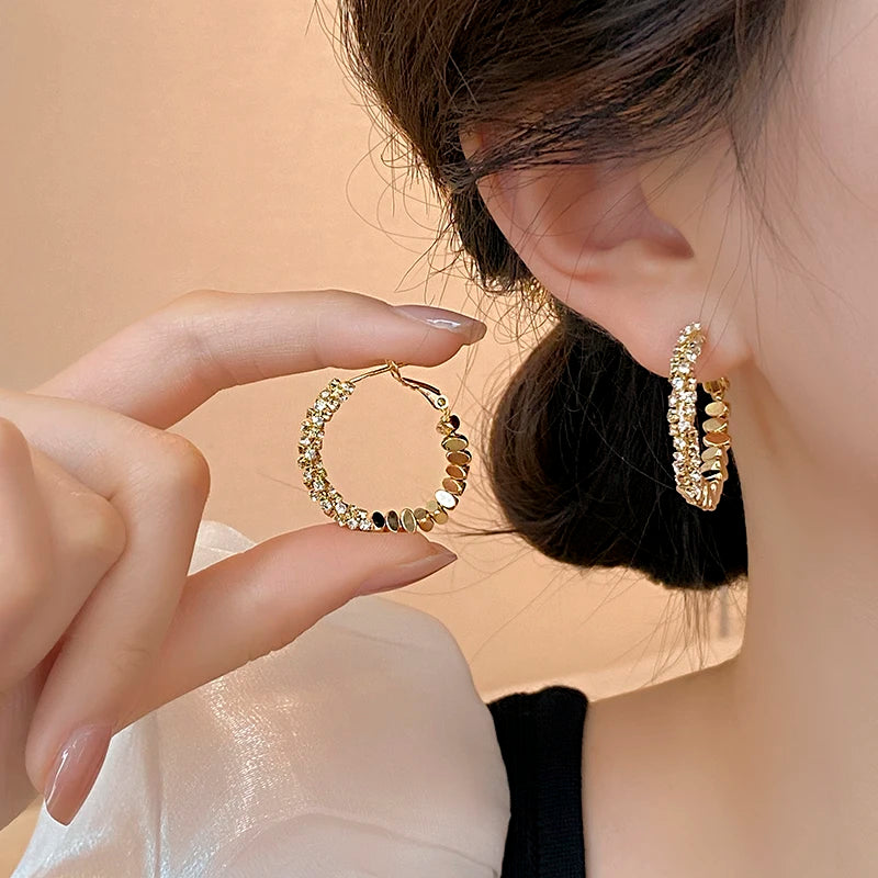 Light Luxury Design Metal Bean Splice Zircon Inlaid Hoop Earrings for 2025 New Fashion Jewelry Women's Exquisite Ear Accessories
