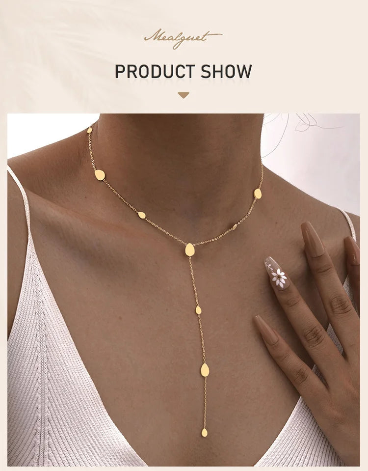 Heart Drop Lariat Chain Necklace For Women, Y Shape Long Chain Stainlss Steel 18K Gold Color  Layered Jewelry