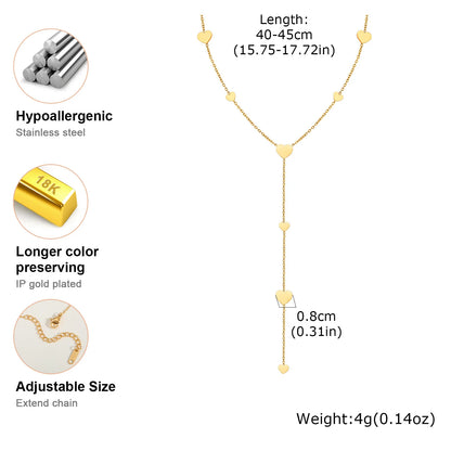 Heart Drop Lariat Chain Necklace For Women, Y Shape Long Chain Stainlss Steel 18K Gold Color  Layered Jewelry