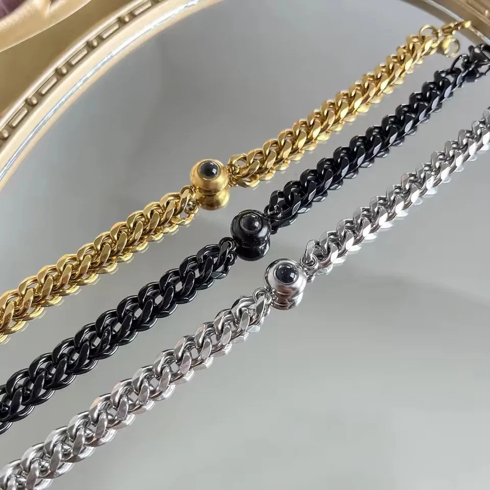 Custom Projection Personality Memorial Birthday Christmas Gift Personalized Circle Photo Bracelet 17+5cm Stainles Cuban Bracelet