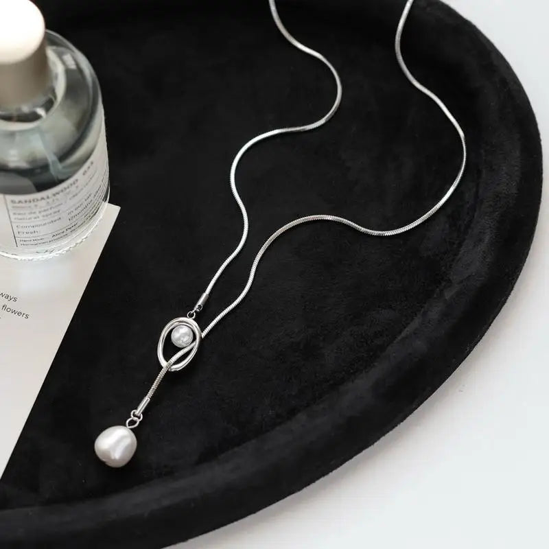 Stainless steel Pull-out Adjustable Chain Baroque Pearl Pendant Long Necklace For Womens Fashion Sweater Chain 2024 New Jewelry