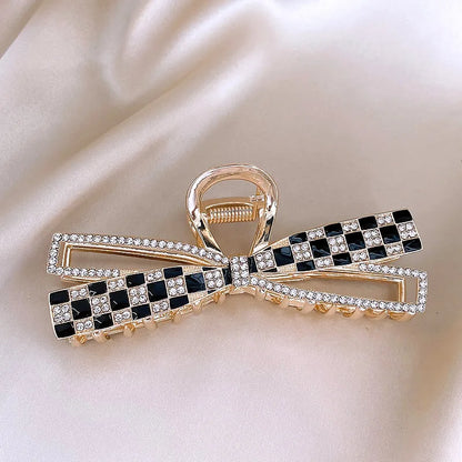 Korean Sweet Girl's Bow Chessboard Pattern Metal Hair Clip 2024 New Headwear For Women's Large Shark Clip Grab Clip Accessories