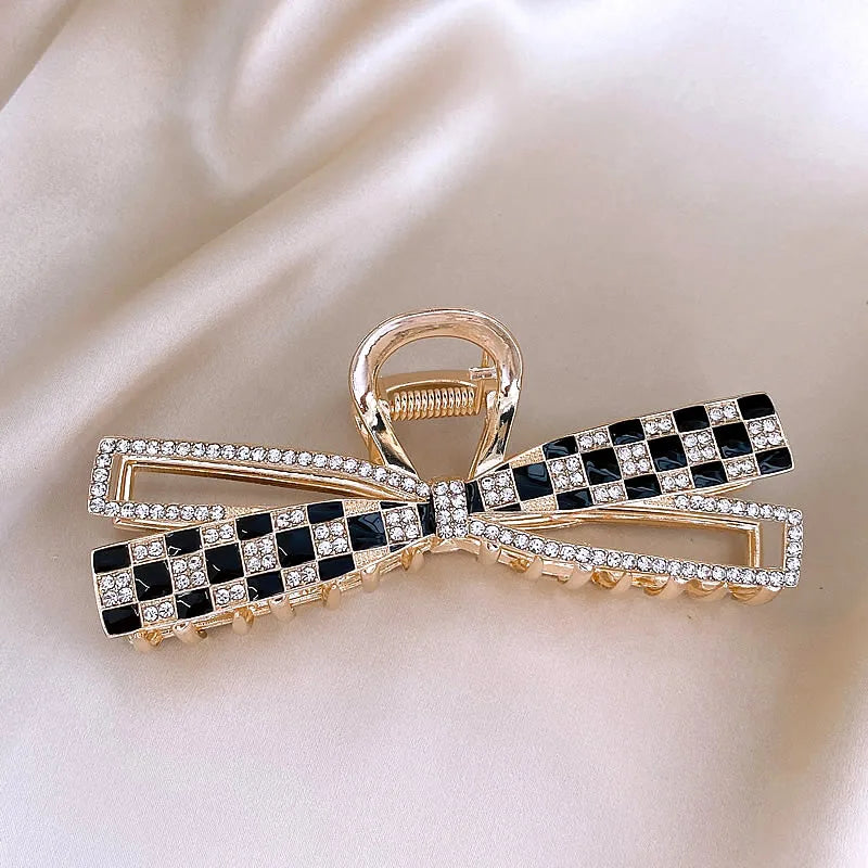 Korean Sweet Girl's Bow Chessboard Pattern Metal Hair Clip 2024 New Headwear For Women's Large Shark Clip Grab Clip Accessories