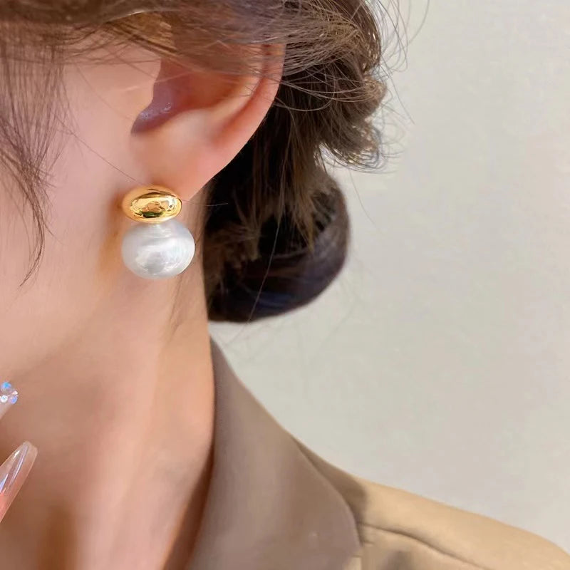 French Elegant Gold Pearl Drop Earrings