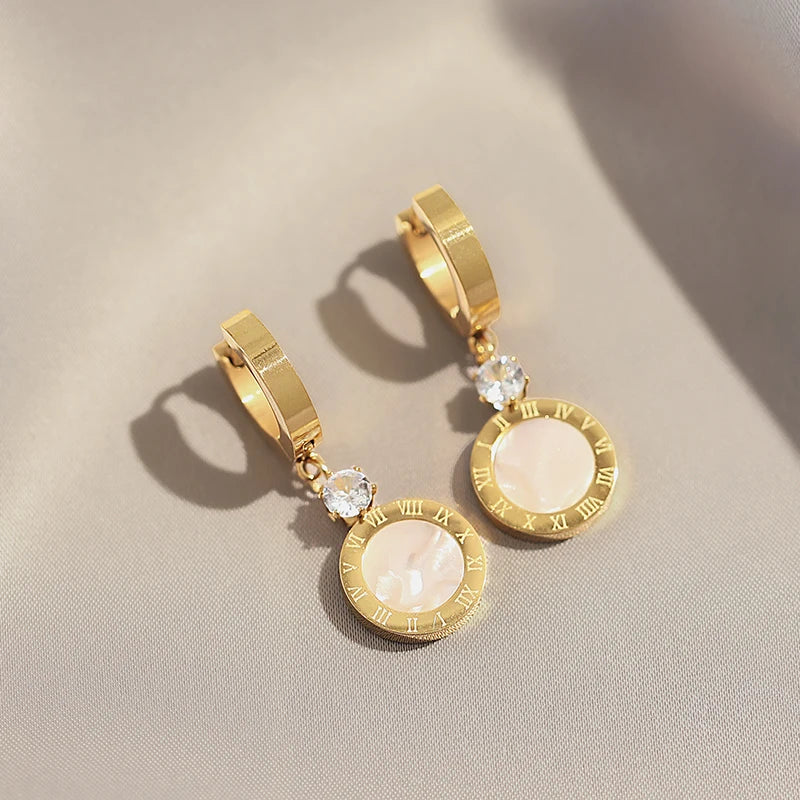 2025 Classic Stainless steel Roman Digital Round Pendant Earrings Korean Fashion Jewelry For Women's Temperament Accessories