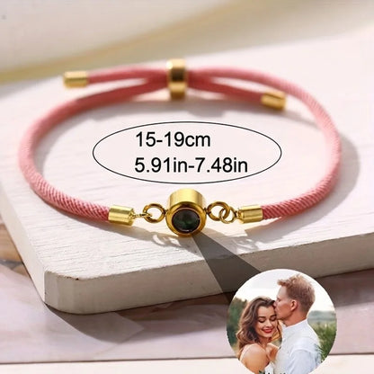 Custom Photo Bracelet Stainless Steel Round Pendant Personalized Projection Wowen Rope Bracelet Unisex Custom Memorial Jewelry