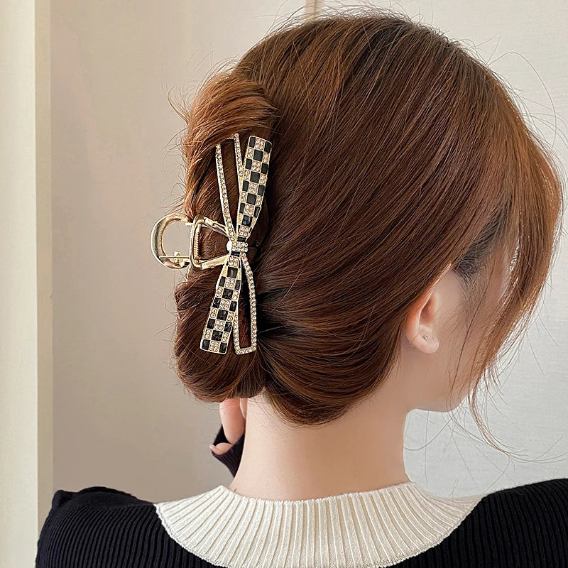 Korean Sweet Girl's Bow Chessboard Pattern Metal Hair Clip 2024 New Headwear For Women's Large Shark Clip Grab Clip Accessories