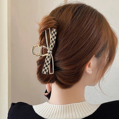 Korean Sweet Girl's Bow Chessboard Pattern Metal Hair Clip 2024 New Headwear For Women's Large Shark Clip Grab Clip Accessories