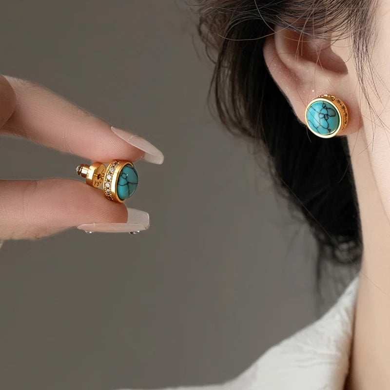 New Chinese style Retro Turquoise Natural Stone Micro Inlaid Zircon Earrings 2024 Fashion Jewelry Luxury Accessories for Womens