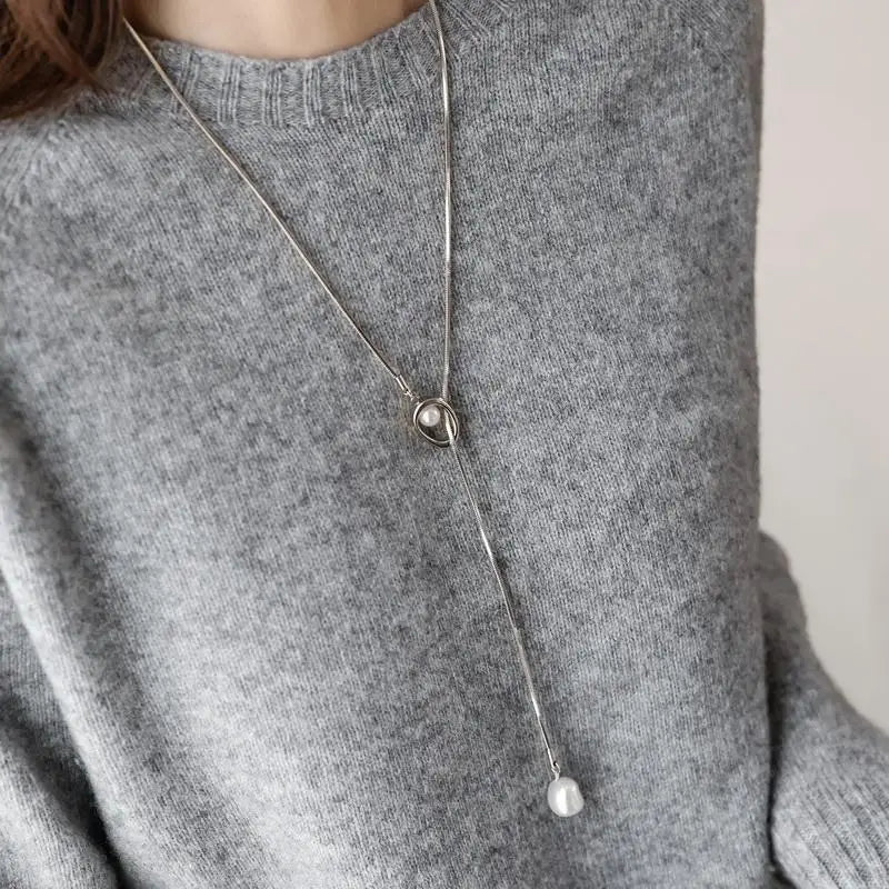 Stainless steel Pull-out Adjustable Chain Baroque Pearl Pendant Long Necklace For Womens Fashion Sweater Chain 2024 New Jewelry