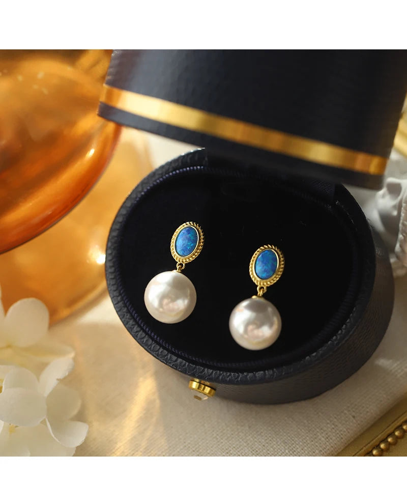 2024 New Design French Elegant Blue Enamel Pearl Pendant Earrings for Women's or Gilr‘s Fashion Jewelry Party Luxury Accessories