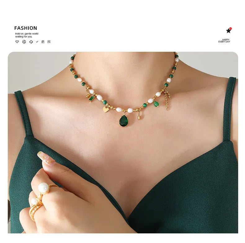 TOSOKO Stainless Steel Jewelry Turquoise Freshwater Pearl Splice Pendant Necklace Women's Elegant Clavicle Chain BSP1219