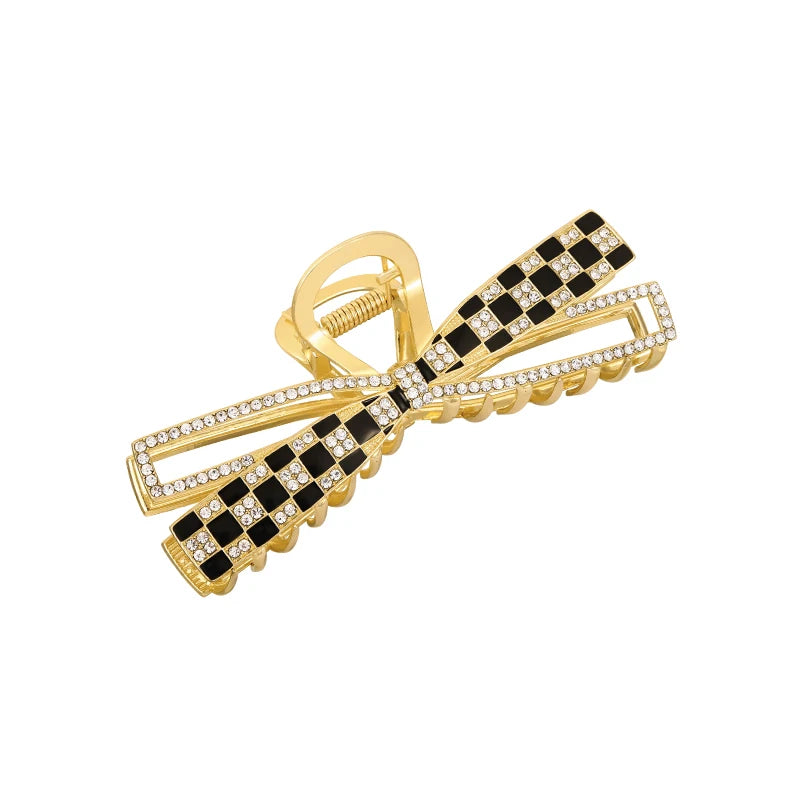Korean Sweet Girl's Bow Chessboard Pattern Metal Hair Clip 2024 New Headwear For Women's Large Shark Clip Grab Clip Accessories