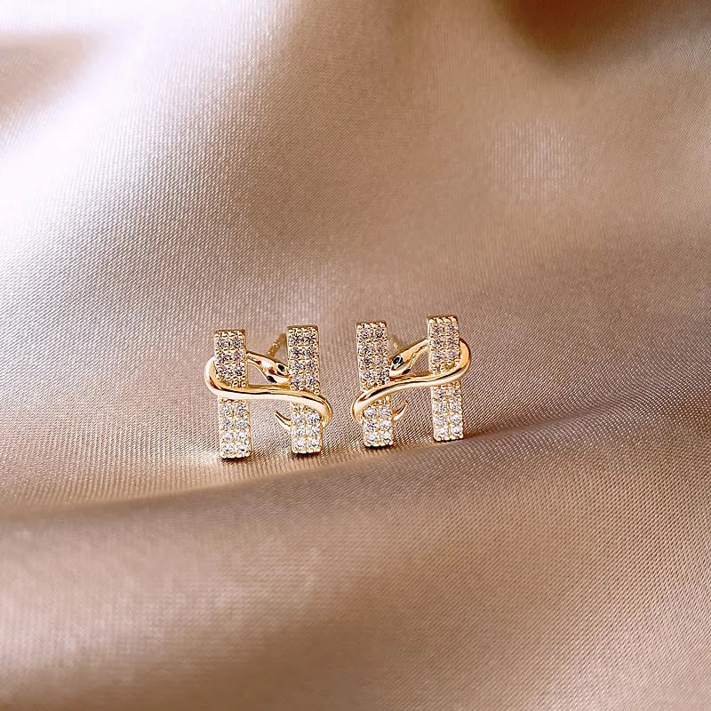 Design sense Gold Color Snake Wrapped Letters Micro Inlaid Zircon Stud Earrings Luxurious Jewelry For Women 2024 Christmas Party