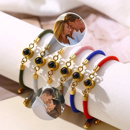 Custom Photo Bracelet Stainless Steel Round Pendant Personalized Projection Wowen Rope Bracelet Unisex Custom Memorial Jewelry