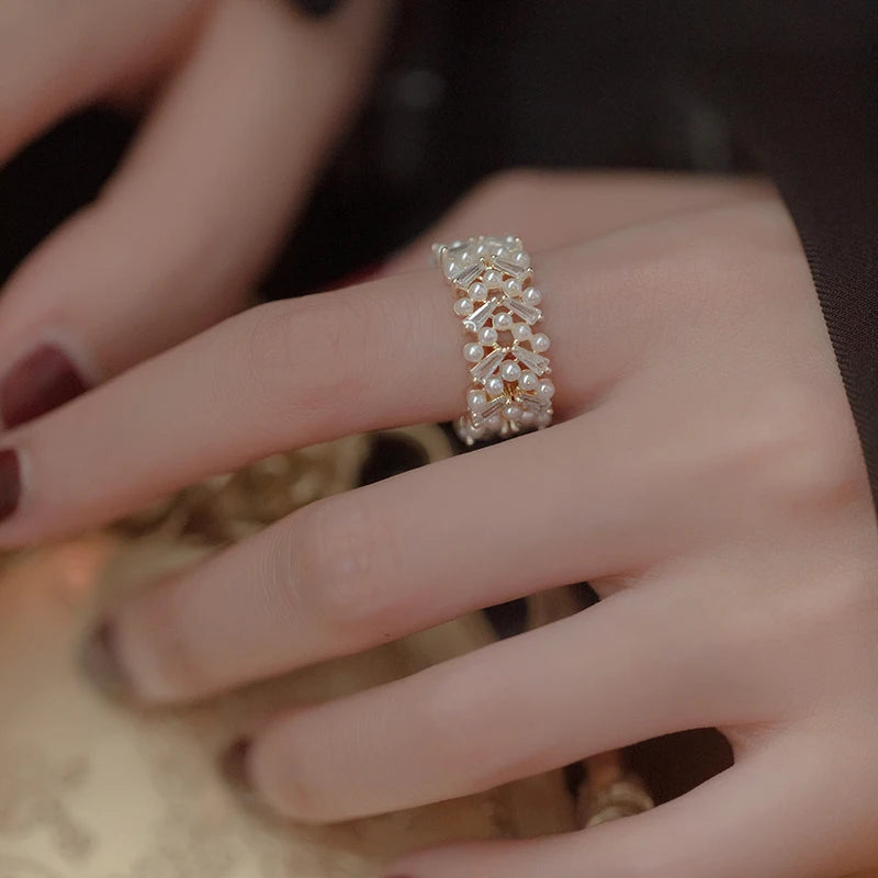 Pearl Zircon Gold Adjustable Ring