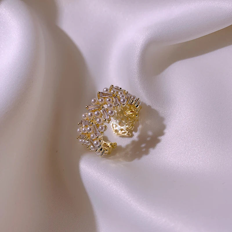 Pearl Zircon Gold Adjustable Ring