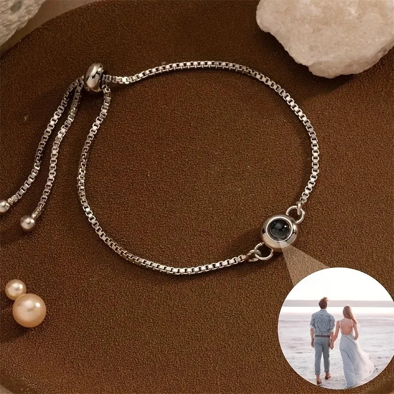 Custom Photo Projection Bracelet - Personalized Picture Chain Bracelet, Hidden Image Adjustable Box Chain Charm, Unique Gift