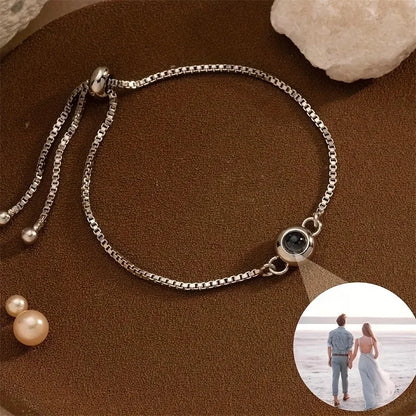 Custom Photo Projection Bracelet - Personalized Picture Chain Bracelet, Hidden Image Adjustable Box Chain Charm, Unique Gift
