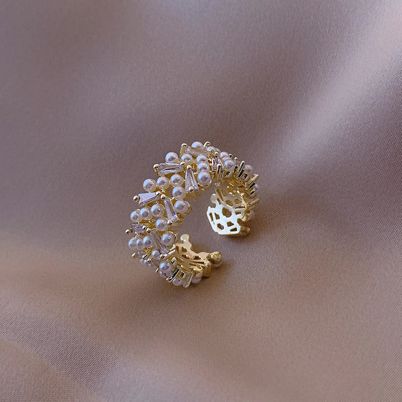 Pearl Zircon Gold Adjustable Ring