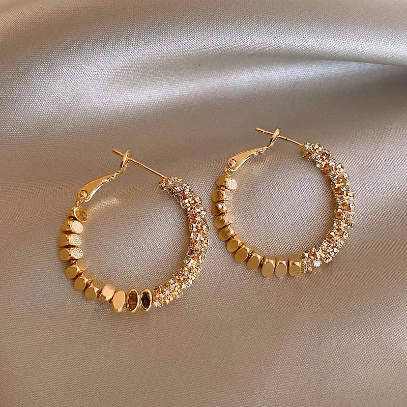 Light Luxury Design Metal Bean Splice Zircon Inlaid Hoop Earrings for 2025 New Fashion Jewelry Women's Exquisite Ear Accessories