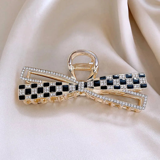 Korean Sweet Girl's Bow Chessboard Pattern Metal Hair Clip 2024 New Headwear For Women's Large Shark Clip Grab Clip Accessories