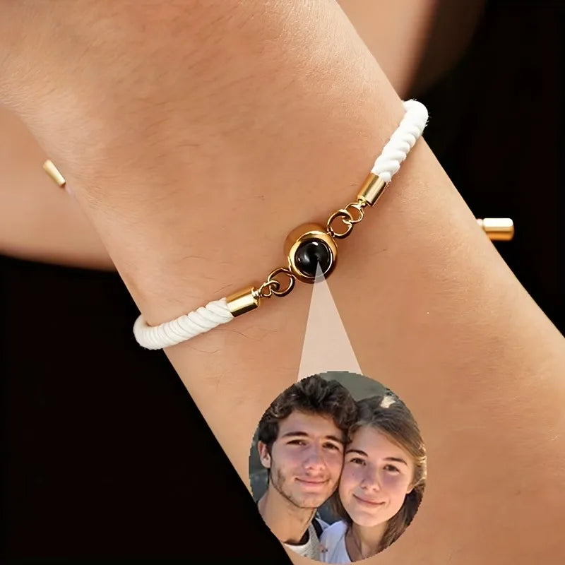 Custom Photo Bracelet Stainless Steel Round Pendant Personalized Projection Wowen Rope Bracelet Unisex Custom Memorial Jewelry