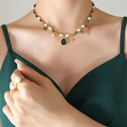 TOSOKO Stainless Steel Jewelry Turquoise Freshwater Pearl Splice Pendant Necklace Women's Elegant Clavicle Chain BSP1219