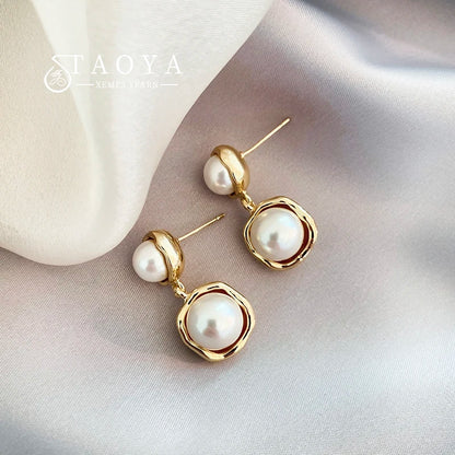 French Elegant Gold Pearl Drop Earrings