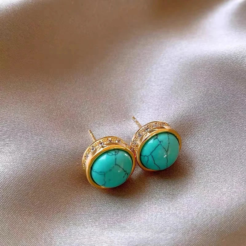 New Chinese style Retro Turquoise Natural Stone Micro Inlaid Zircon Earrings 2024 Fashion Jewelry Luxury Accessories for Womens