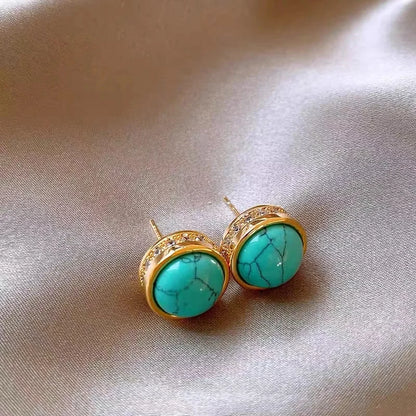 New Chinese style Retro Turquoise Natural Stone Micro Inlaid Zircon Earrings 2024 Fashion Jewelry Luxury Accessories for Womens