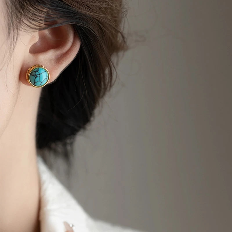 New Chinese style Retro Turquoise Natural Stone Micro Inlaid Zircon Earrings 2024 Fashion Jewelry Luxury Accessories for Womens