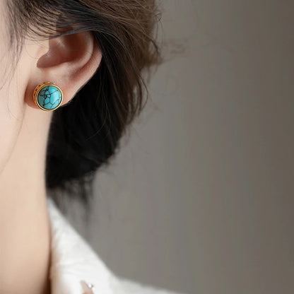 New Chinese style Retro Turquoise Natural Stone Micro Inlaid Zircon Earrings 2024 Fashion Jewelry Luxury Accessories for Womens