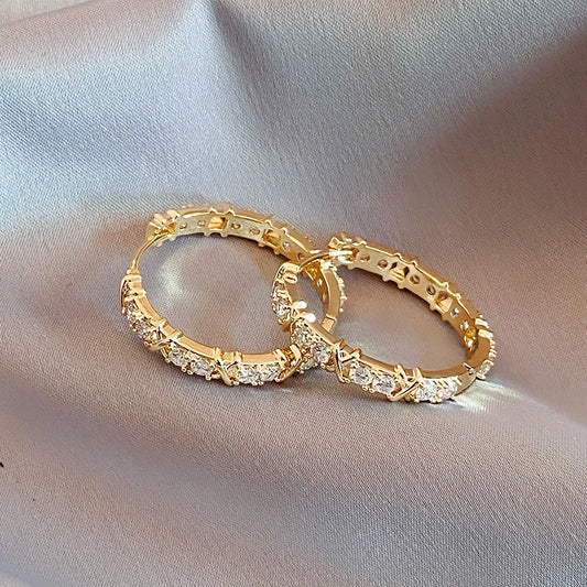 Korean Fashion Simple Zircon X Metal Hoop Earrings For Woman 2025 Neo Gothic Girls' Luxury Jewelry Wedding Party Set Accessories
